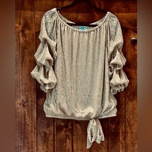 CeCe Shimmering Gold Ruffle Sleeve Blouse L
